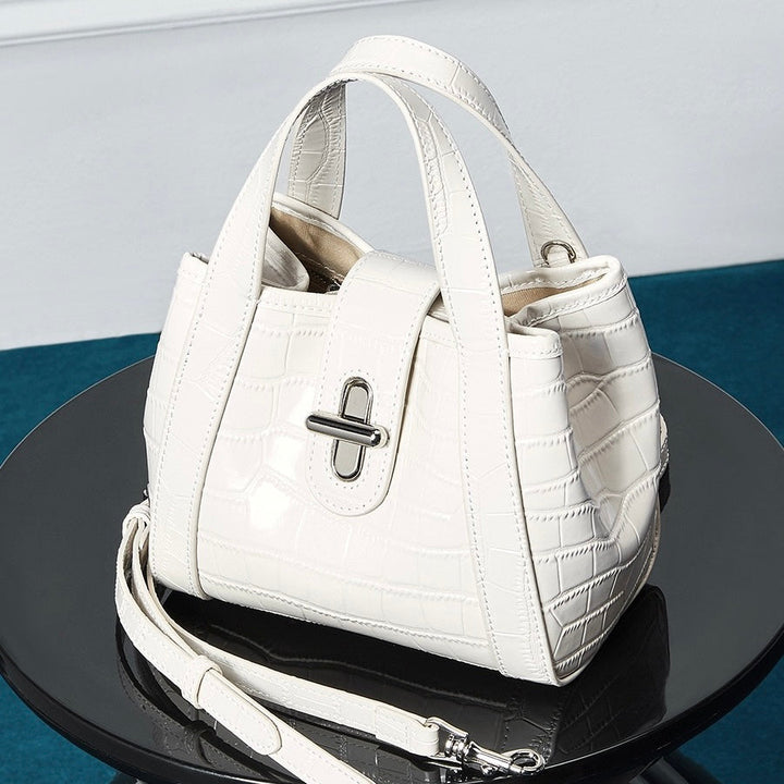 Croc-Embossed Leather Buckle Top-Handle Bucket Bag