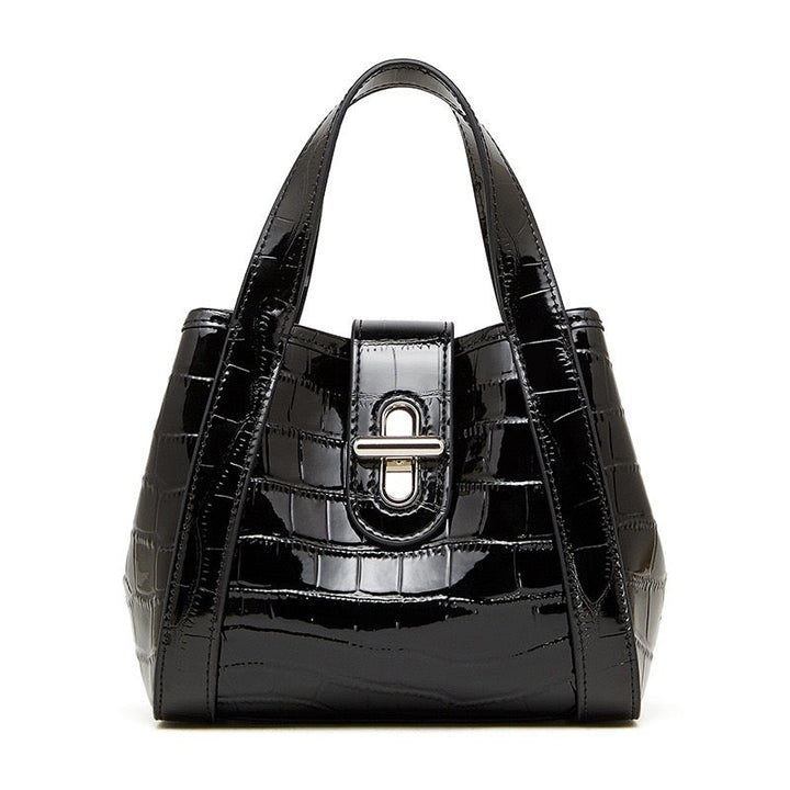 Croc-Embossed Leather Buckle Top-Handle Bucket Bag