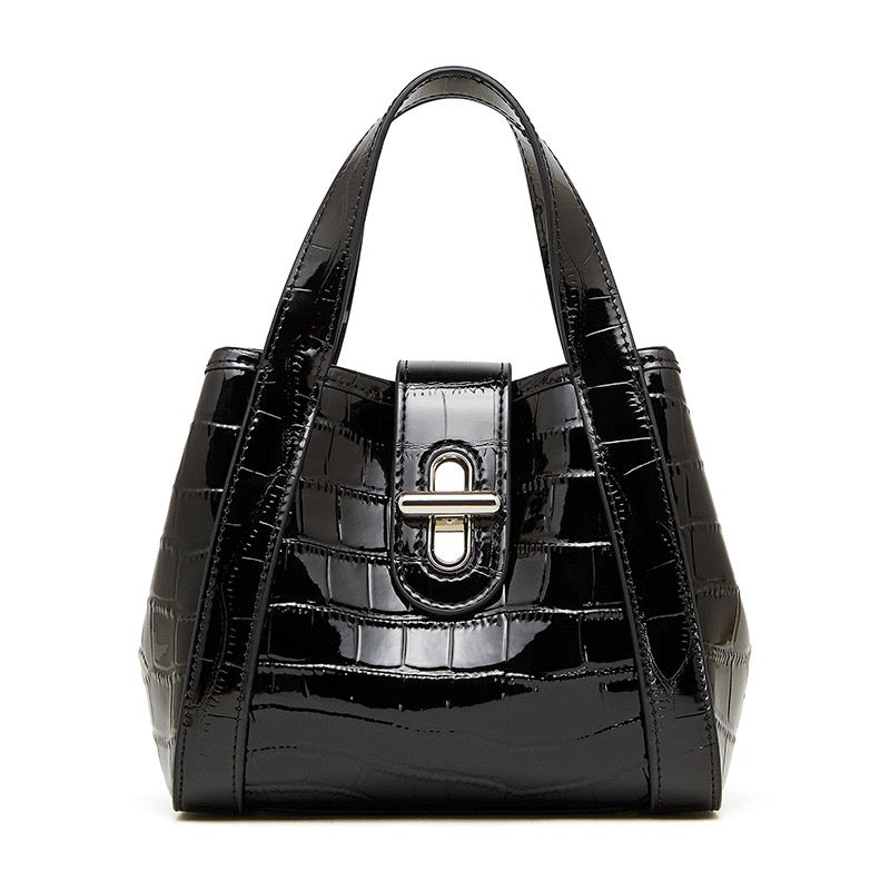 Croc-Embossed Leather Buckle Top-Handle Bucket Bag