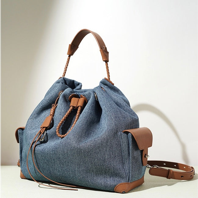 Women's Genuine Leather Denim Patchwork Cool Travel Backpack