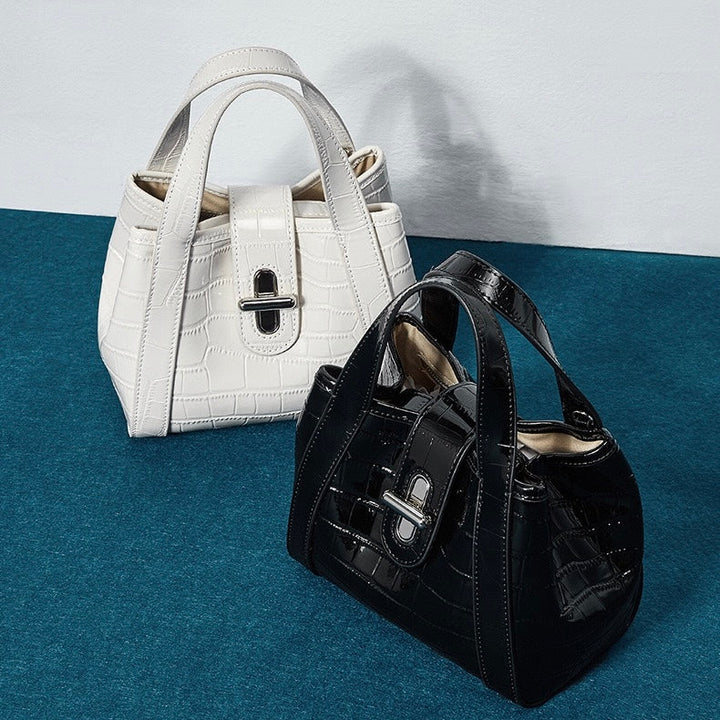Croc-Embossed Leather Buckle Top-Handle Bucket Bag