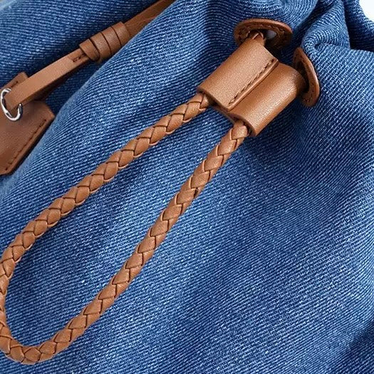 Women's Genuine Leather Denim Patchwork Cool Travel Backpack