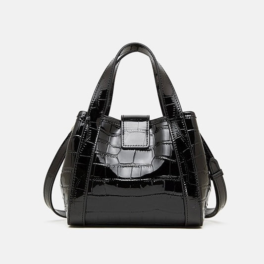 Croc-Embossed Leather Buckle Top-Handle Bucket Bag