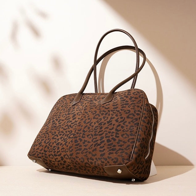 Women's Leopard Print Genuine Leather Large Capacity Bowling Bag