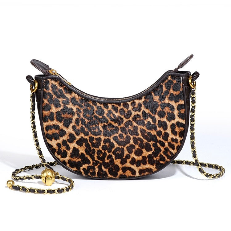 Genuine Leather Leopard Print Half Moon Shaped Ladies Crossbody Shoulder Bag