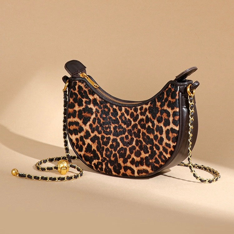 Genuine Leather Leopard Print Half Moon Shaped Ladies Crossbody Shoulder Bag
