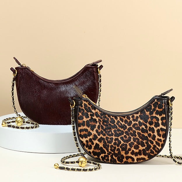Genuine Leather Leopard Print Half Moon Shaped Ladies Crossbody Shoulder Bag