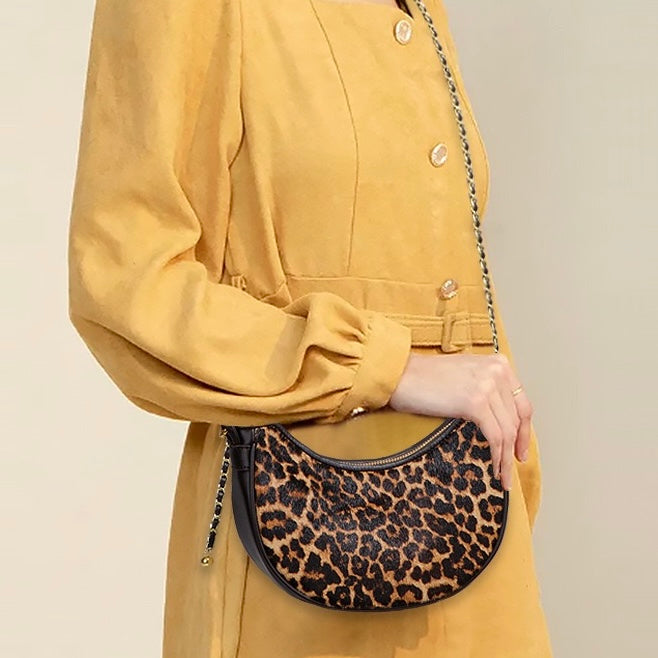 Genuine Leather Leopard Print Half Moon Shaped Ladies Crossbody Shoulder Bag