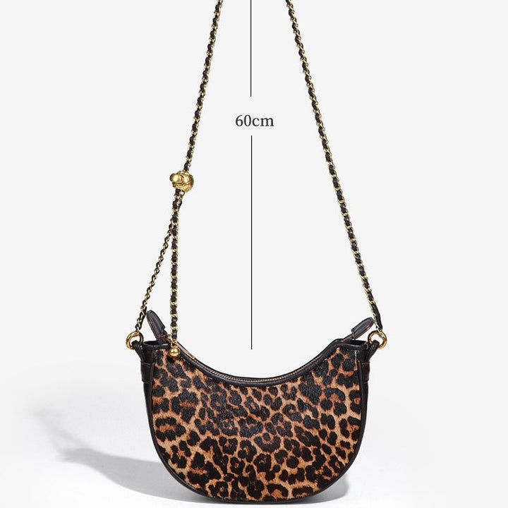 Genuine Leather Leopard Print Half Moon Shaped Ladies Crossbody Shoulder Bag