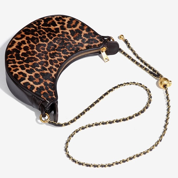 Genuine Leather Leopard Print Half Moon Shaped Ladies Crossbody Shoulder Bag
