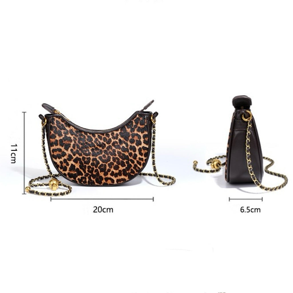 Genuine Leather Leopard Print Half Moon Shaped Ladies Crossbody Shoulder Bag