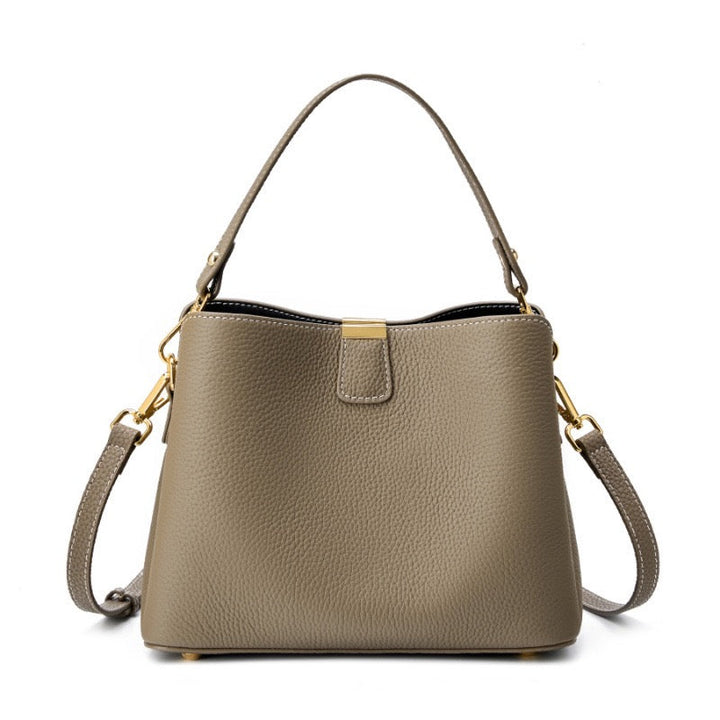 Classic Gold-Trimmed Genuine Leather Bucket Handbag