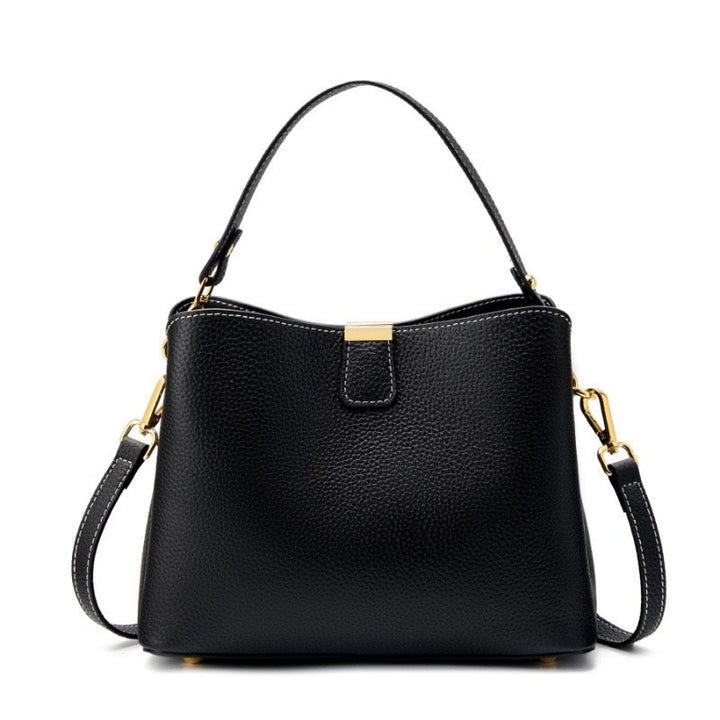 Classic Gold-Trimmed Genuine Leather Bucket Handbag