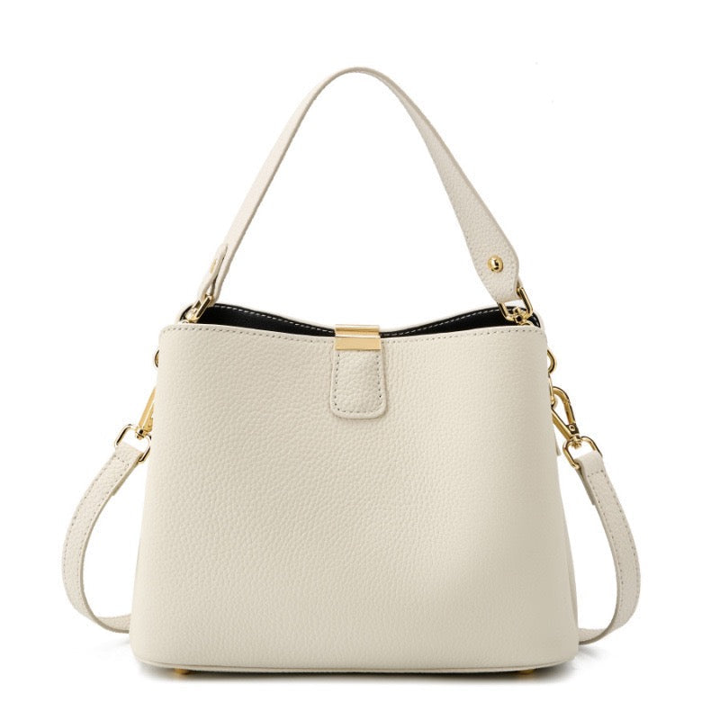 Classic Gold-Trimmed Genuine Leather Bucket Handbag