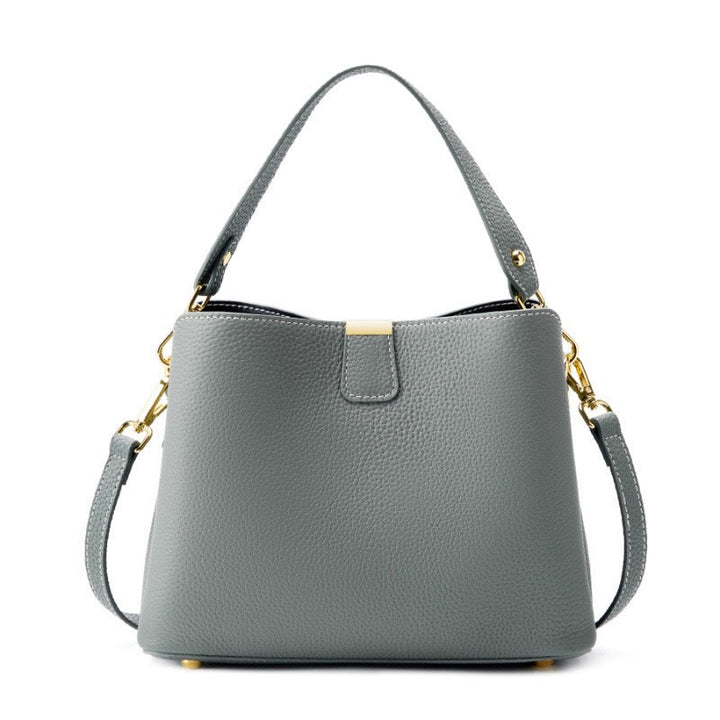 Classic Gold-Trimmed Genuine Leather Bucket Handbag