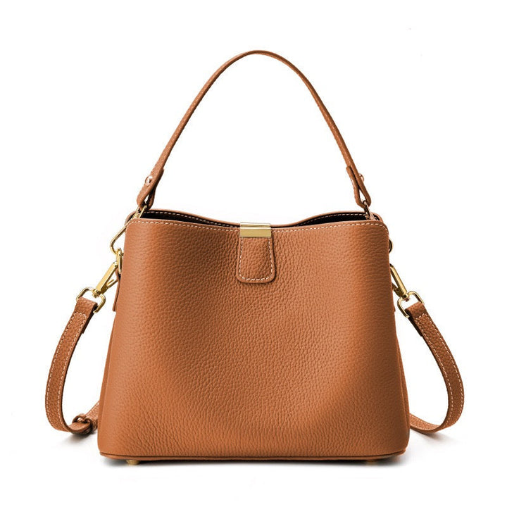 Classic Gold-Trimmed Genuine Leather Bucket Handbag