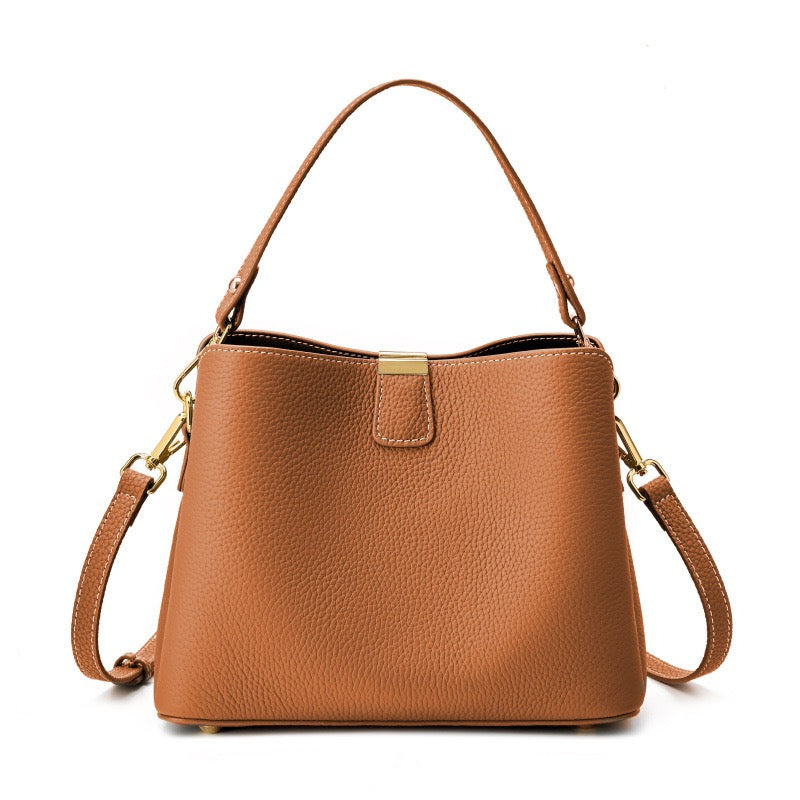 Classic Gold-Trimmed Genuine Leather Bucket Handbag