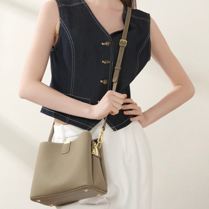 Classic Gold-Trimmed Genuine Leather Bucket Handbag