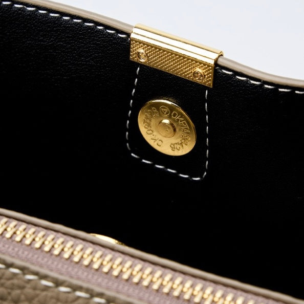 Classic Gold-Trimmed Genuine Leather Bucket Handbag