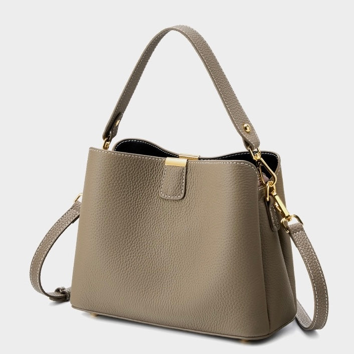 Classic Gold-Trimmed Genuine Leather Bucket Handbag