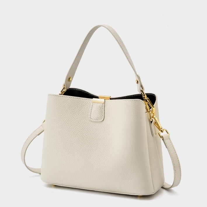 Classic Gold-Trimmed Genuine Leather Bucket Handbag