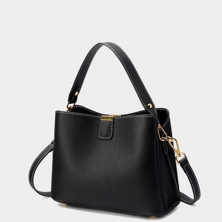 Classic Gold-Trimmed Genuine Leather Bucket Handbag