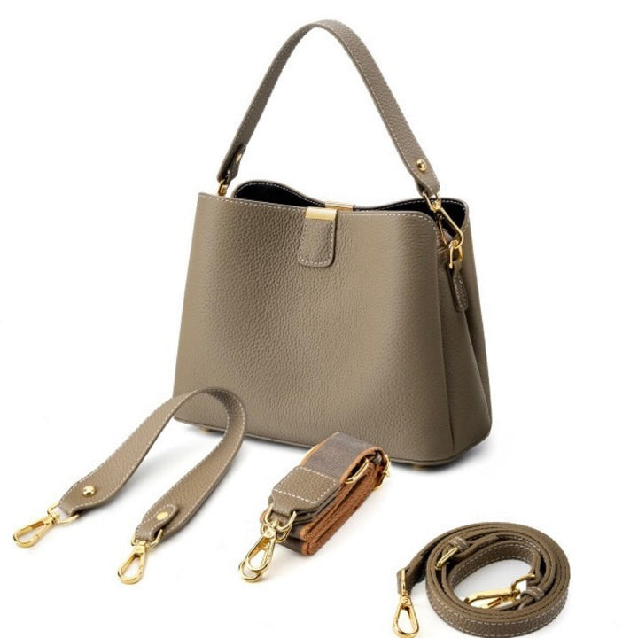 Classic Gold-Trimmed Genuine Leather Bucket Handbag