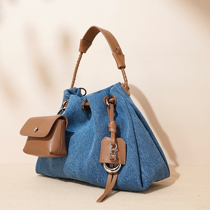 Women's Genuine Leather Denim Patchwork Cool Hobo Bag