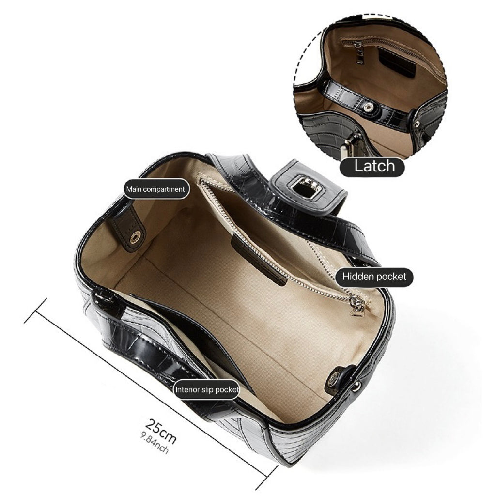 Croc-Embossed Leather Buckle Top-Handle Bucket Bag