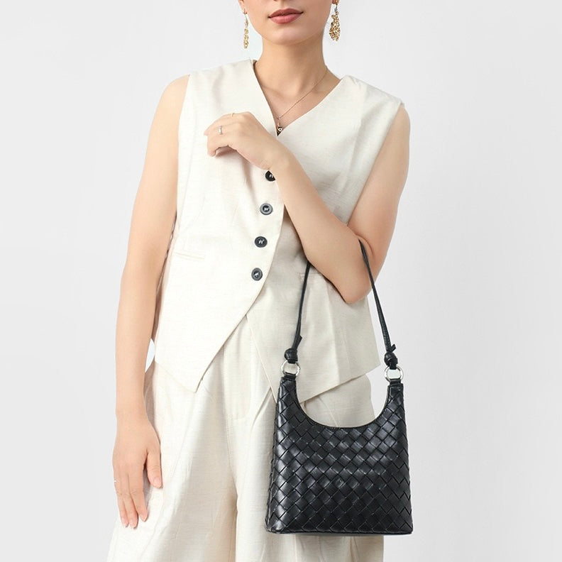 Women’s Genuine Leather Woven Shoulder Bag with Exquisite Weave Detail