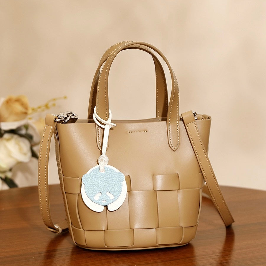 Women's Handmade Genuine Leather Woven Picnic Basket Bag With Cute Panda Charm