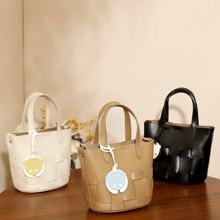 Women's Handmade Genuine Leather Woven Picnic Basket Bag With Cute Panda Charm