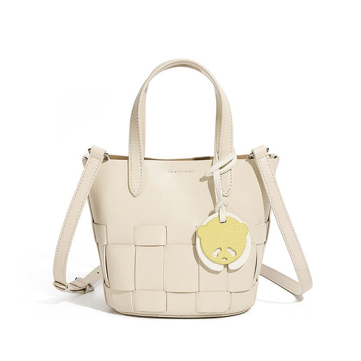 Women's Handmade Genuine Leather Woven Picnic Basket Bag With Cute Panda Charm