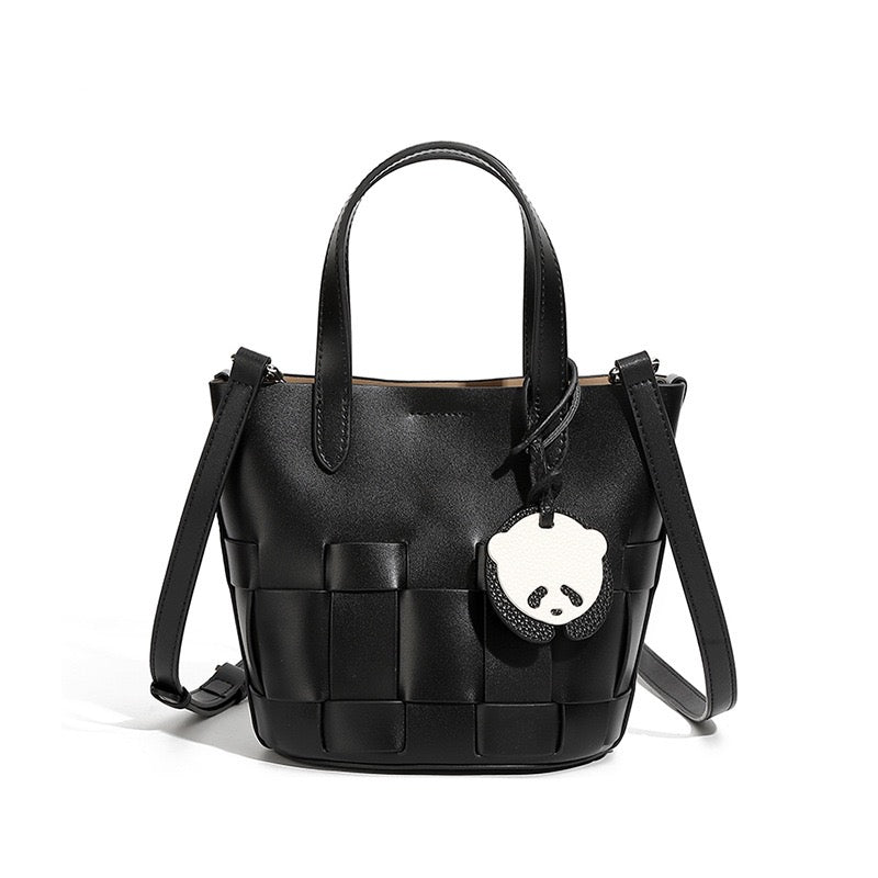 Women's Handmade Genuine Leather Woven Picnic Basket Bag With Cute Panda Charm