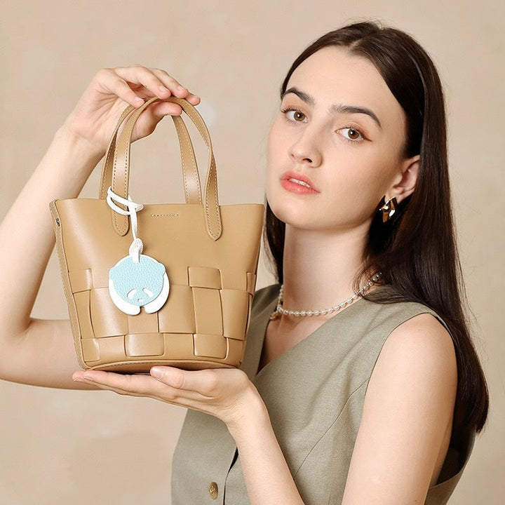 Women's Handmade Genuine Leather Woven Picnic Basket Bag With Cute Panda Charm