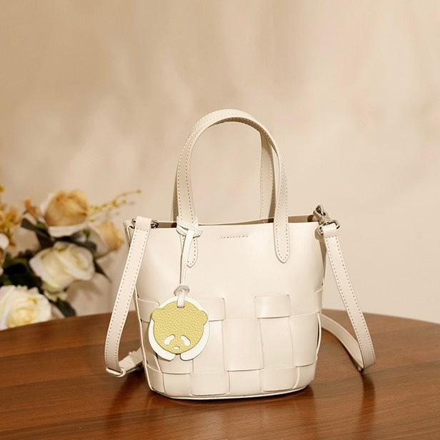 Women's Handmade Genuine Leather Woven Picnic Basket Bag With Cute Panda Charm
