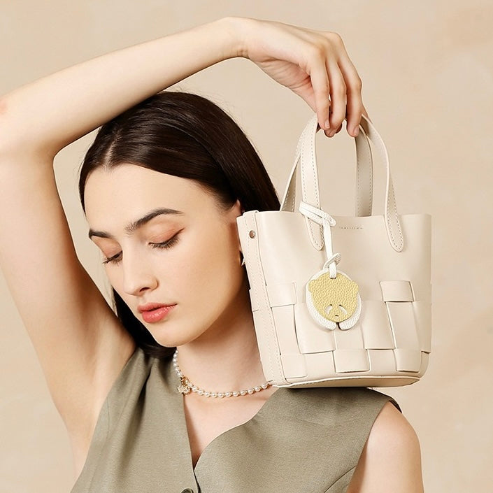 Women's Handmade Genuine Leather Woven Picnic Basket Bag With Cute Panda Charm