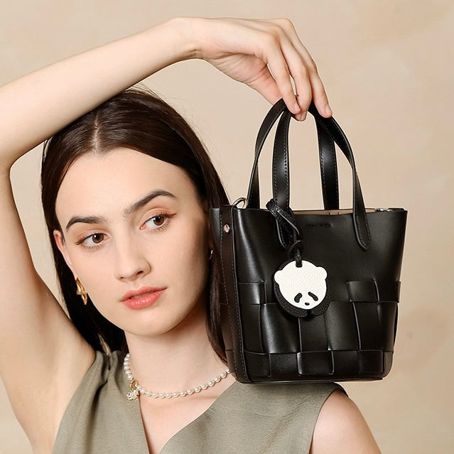 Women's Handmade Genuine Leather Woven Picnic Basket Bag With Cute Panda Charm