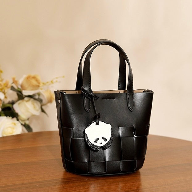 Women's Handmade Genuine Leather Woven Picnic Basket Bag With Cute Panda Charm