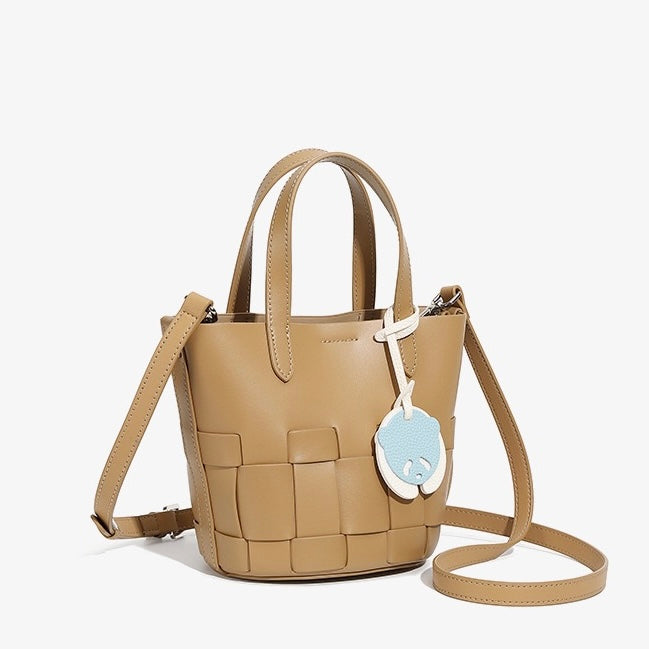 Women's Handmade Genuine Leather Woven Picnic Basket Bag With Cute Panda Charm