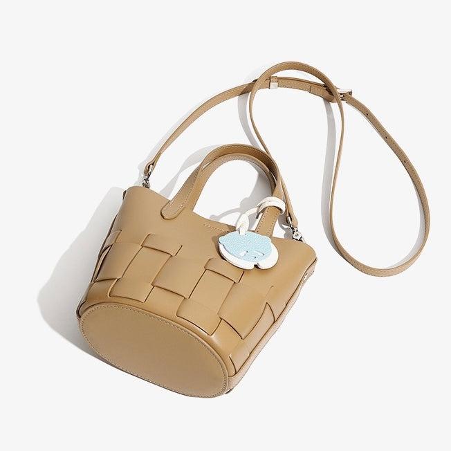 Women's Handmade Genuine Leather Woven Picnic Basket Bag With Cute Panda Charm