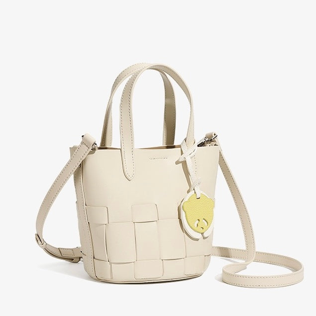 Women's Handmade Genuine Leather Woven Picnic Basket Bag With Cute Panda Charm