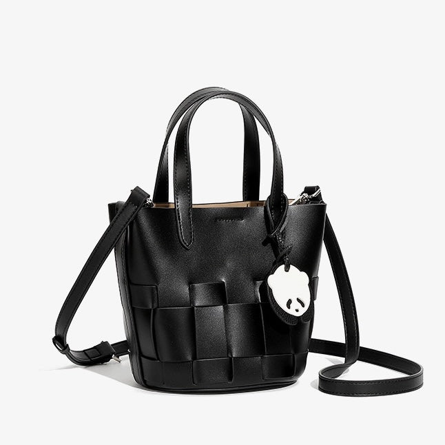 Women's Handmade Genuine Leather Woven Picnic Basket Bag With Cute Panda Charm