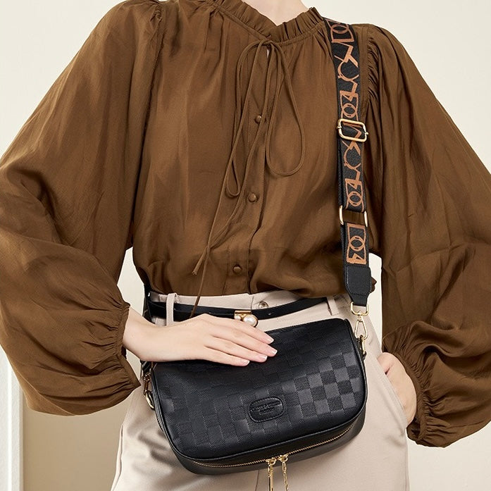 Elegant Women's Genuine Leather Checkered Crossbody Bag