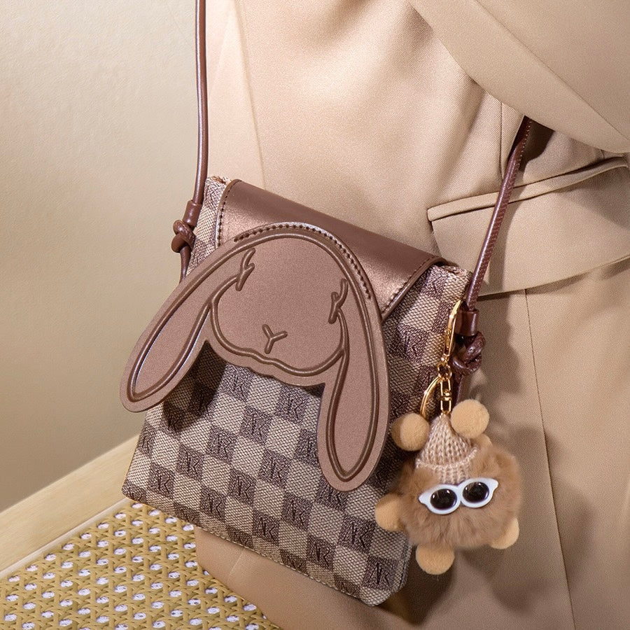 Plaid Cute Collision Rabbit Genuine Leather Mini Crossbody Phone Bag