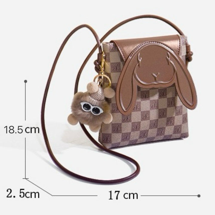 Plaid Cute Collision Rabbit Genuine Leather Mini Crossbody Phone Bag