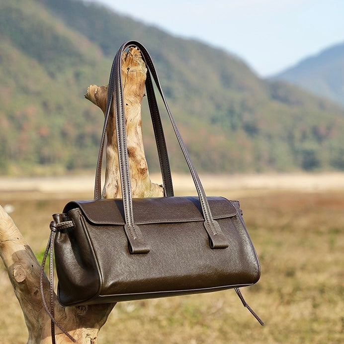Spring Summer Vintage Genuine Leather Vegetable Tanned Underarm Baguette Bag