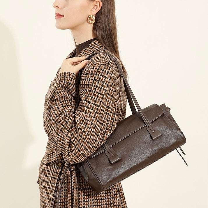 Spring Summer Vintage Genuine Leather Vegetable Tanned Underarm Baguette Bag