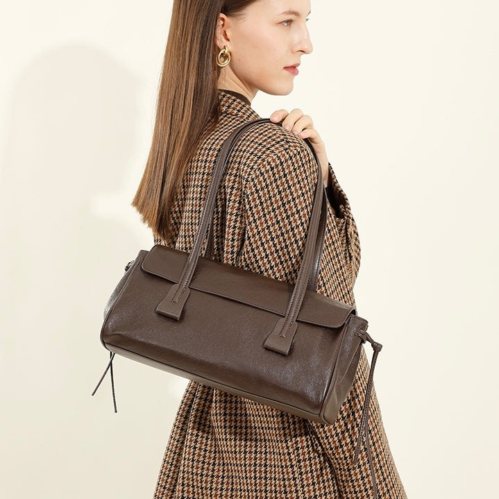 Spring Summer Vintage Genuine Leather Vegetable Tanned Underarm Baguette Bag