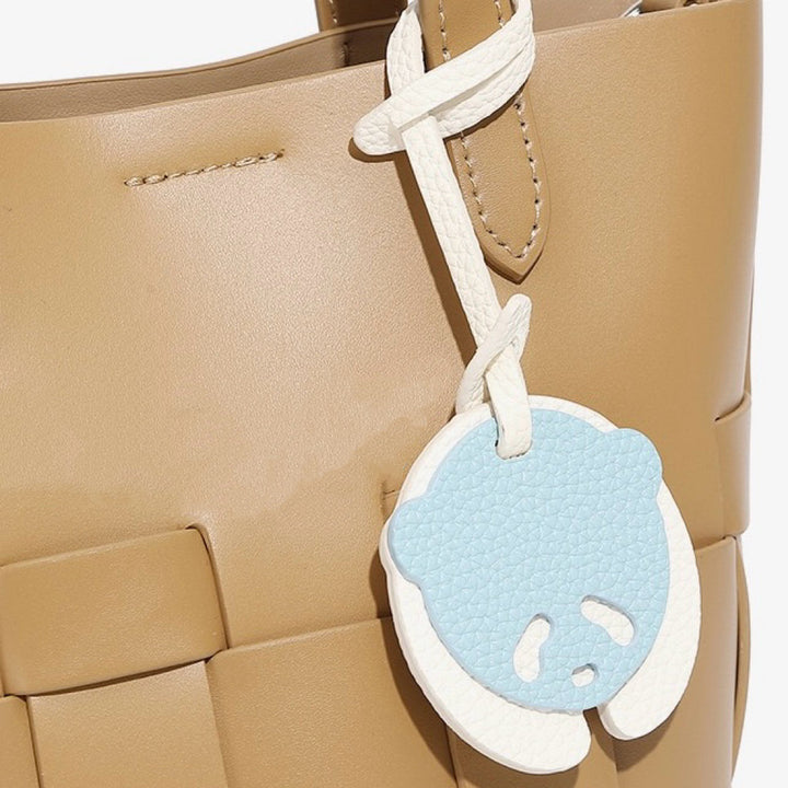 Women's Handmade Genuine Leather Woven Picnic Basket Bag With Cute Panda Charm